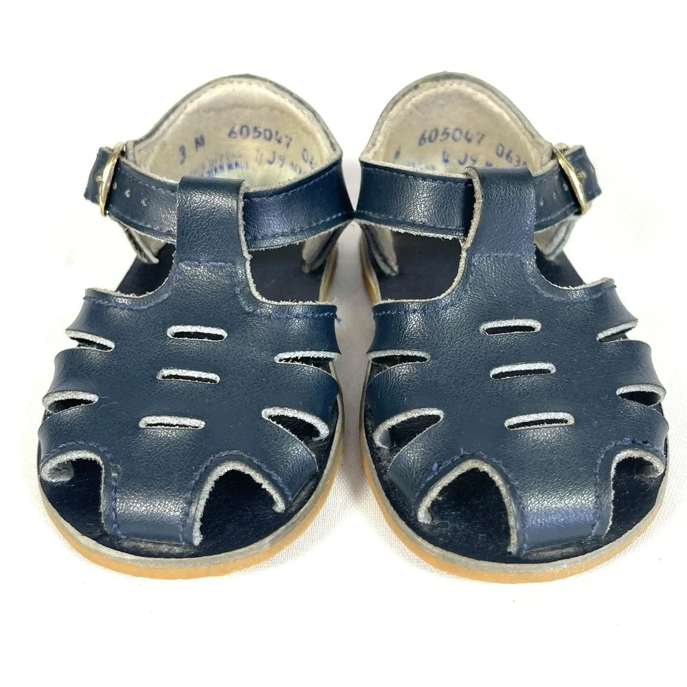 Vintage Infant Fisherman‎ Sandals Navy Blue Leather USA Size 3 Baby Shoes